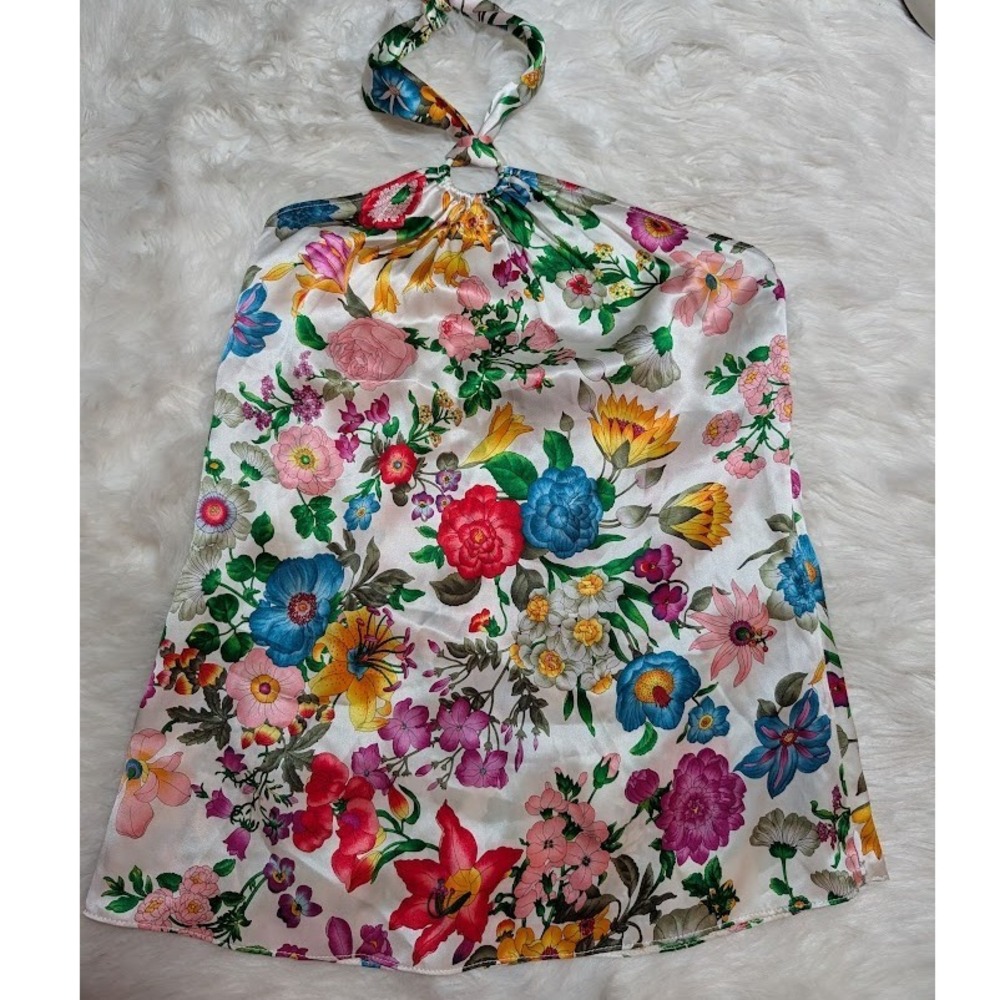 Floral Halter Tank Top - White Multicolor